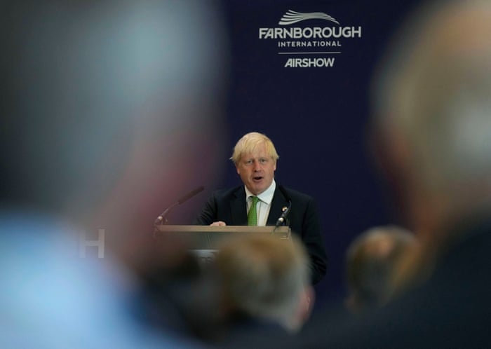Prime Minister Boris Johnson makes a speech during a visit to the Farnborough International Airshow in Hampshire.