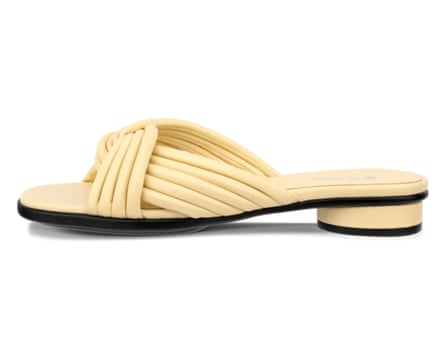 A side view of an ECCO SCULPTED ALBA 25 Leather Heeled Sandal in butter yellow with a black under sole.