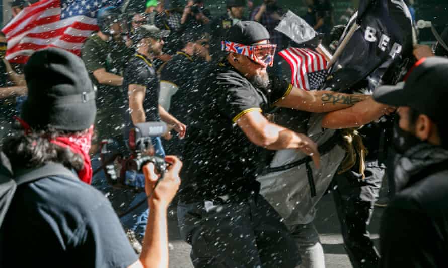 Street fighting in Portland, with men in ‘Proud Boys’ uniform to the fore.