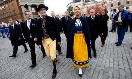 Jimmie Akesson, the Sweden Democrats leader, and his girlfriend, Louise Erixson, in traditional costume for a service at Stockholm Cathedral in 2010.
