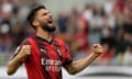 AC Milan's Olivier Giroud celebrates after scoring his side's third goal during a Serie A soccer match between AC Milan and Genoa, at the San Siro stadium in Milan, Italy, Sunday, May 5, 2024. (AP Photo/Luca Bruno)