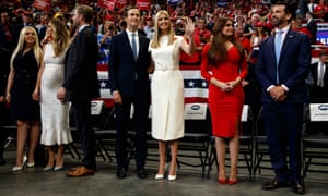 Tiffany Trump, Lara Trump and Eric Trump, Jared Kushner and Ivanka Trump, and Kimberly Guilfoyle and Donald Trump Jr watch as Donald Trump speaks in Orlando in June last year.