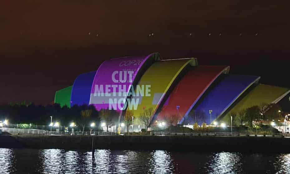 A ‘cut methane now’ on the Cop26 summit building in Glasgow. 
