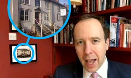 Matt Hancock giving a TV interview, with a photograph of the Cock Inn on his wall.