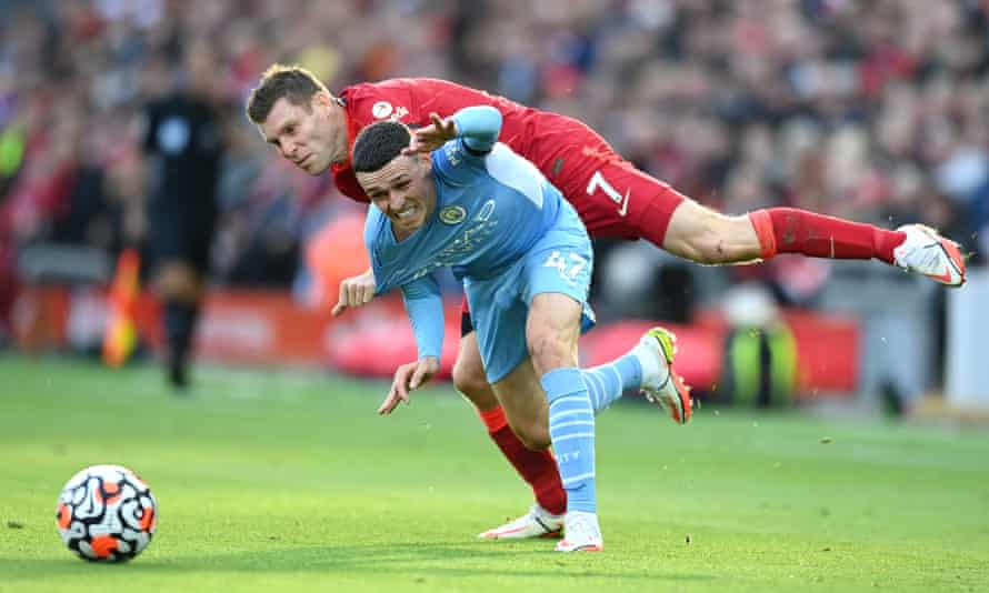 Foden ghosts away from James Milner.