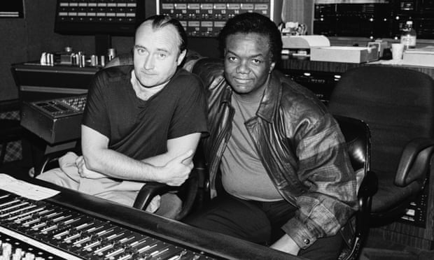 Lamont Dozier with Phil Collins in the studio, c1986.  Collins recorded a cover version of Holland-Dozier-Holland's You Can't Hurry Love and together the pair worked on Two Hearts, for the 1988 film Buster.