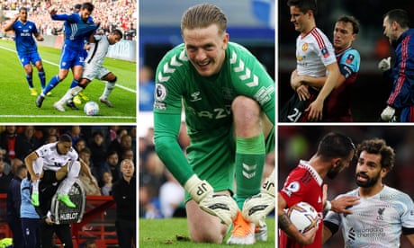 From top left, Wayne Routledge of Swansea holds the ball in the corner during the 2019 play off final, Jordan Pickford adjusts his boots, Mark Noble carries Manchester Ander Herrera off the pitch, Mo Salah complains to Bruno Fernandes and Carlos Vinícius comes on as a last minuter sub as Fulham beat Nottingham Forest.