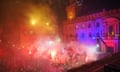 Bologna’s team celebrate their Champions League qualification