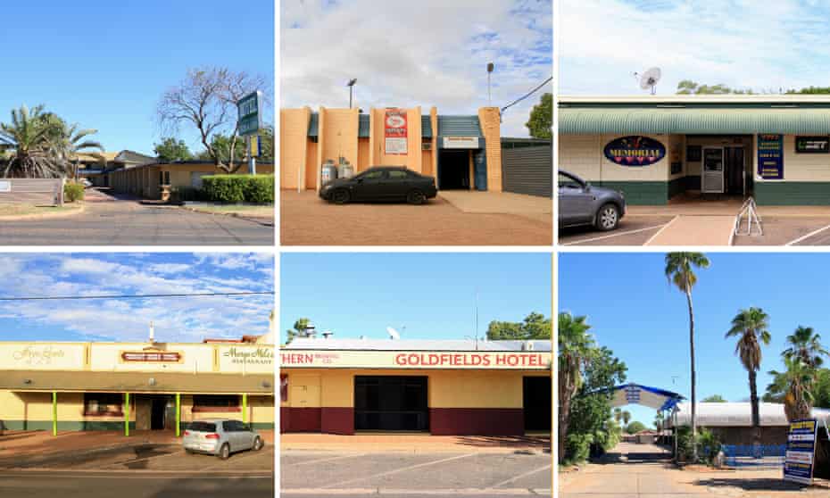 Clockwise from top left: the El Dorado Hotel, Sporties Football Club, the Memo Club, the Bluestone Motel, the Goldfields Hotel, the Tennant Creek Hotel