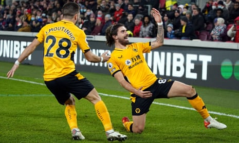 Ruben Neves celebrates after firing Wolves back into the lead.