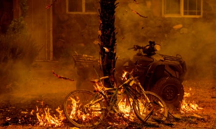A bicycle and palm tree burn at a residence during the LNU Lightning Complex fire in the Spanish Flat area of Napa, California.