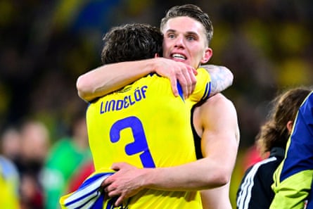 Viktor Gyökeres celebrates with Victor Lindelöf after scoring a dramatic winning goal for Sweden against Poland.