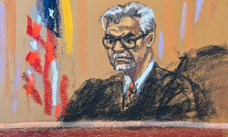 Pastel sketch of older Latino man with white hair and black glasses in judge’s robes by US flag.