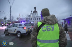 Kyiv, Ukraine. Security forces standing near Pechersk Lavra, a historic Orthodox Christian monastery. Counter-intelligence operations were conducted at the site ‘to counter subversive activities of Russian special forces in Ukraine’, said a security chief