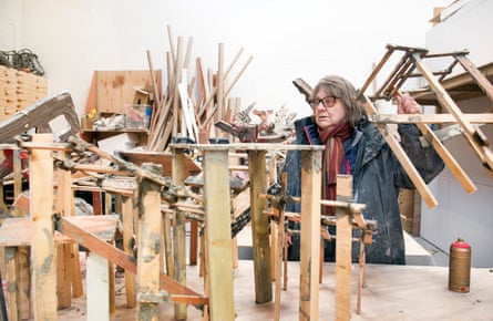 Barlow in her London studio with models of Demo, which is currently exhibited in Zurich Kunsthalle.