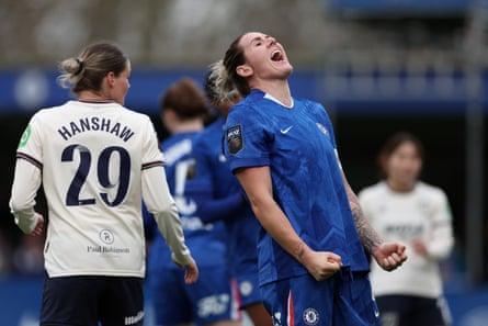 Millie Bright celebrates after teammate Sandy Baltimore scores Chelsea’s fifth goal.
