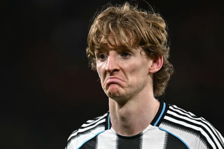 Anthony Gordon pouts after scoring for Newcastle.