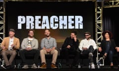 AMC Winter TCA Press Tour 2016<br>PASADENA, CA - JANUARY 08: (L-R) Executive producers Sam Caitlin, Seth Rogen and Evan Goldberg and actors Dominic Cooper, Joseph Gilgun and Ruth Negga speak onstage during the AMC Winter TCA Press Tour 2016 “Preacher” panel at The Langham Huntington Hotel and Spa on January 8, 2016 in Pasadena, California. (Photo by Mike Windle/Getty Images for AMC)