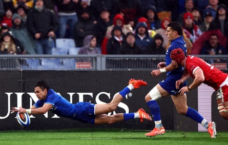 Ange Capuozzo dives over during Italy’s sole victory in last year’s Six Nations, against Wales