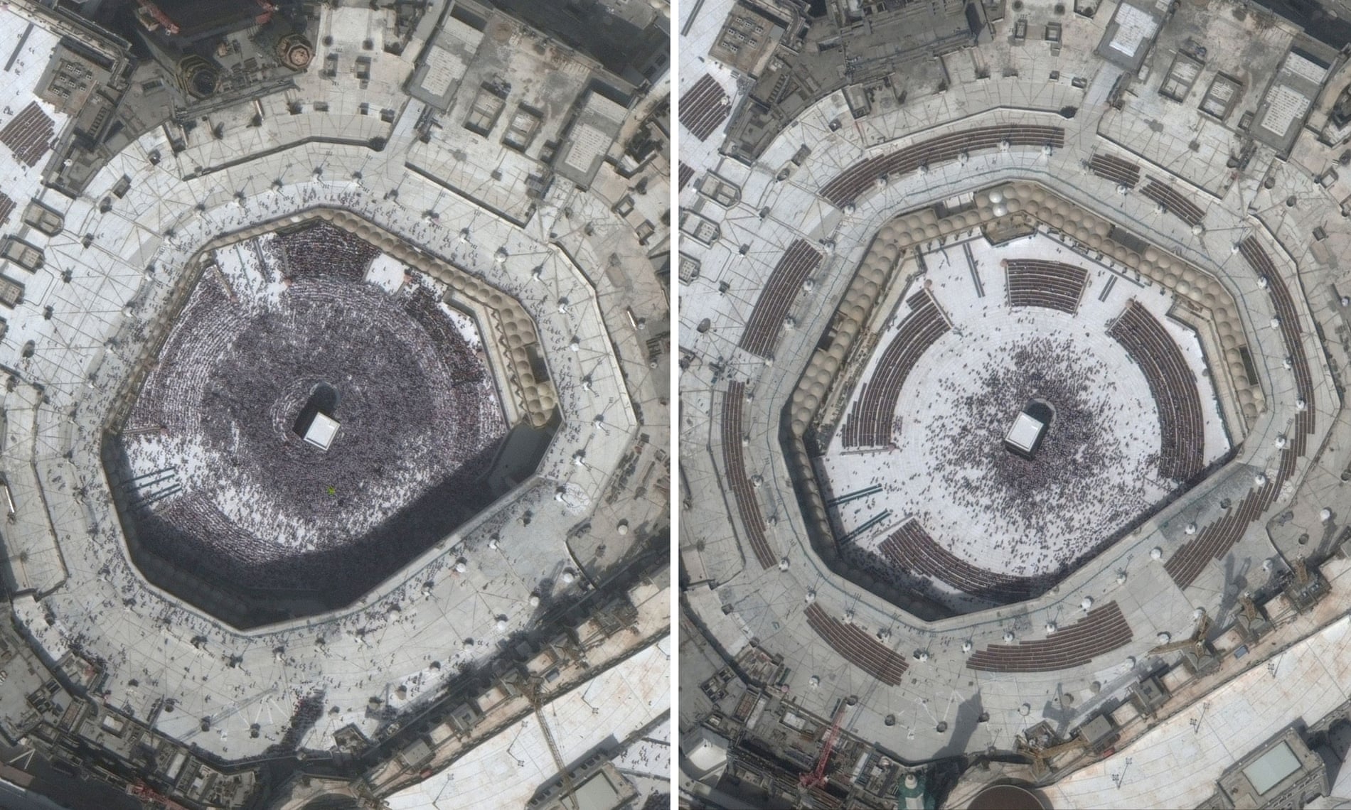 A combination of satellite images shows the Kaaba at the Grand Mosque in the holy city of Mecca before and during the coronavirus outbreak 