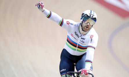 Jody Cundy celebrates winning the mixed team sprint final in Manchester during the Paracycling International.