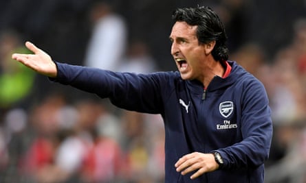 The Arsenal manager, Unai Emery, gestures during the pre-season friendly match against Lazio in 2018.