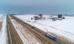 Joe Biden’s campaign bus heads to an event in Mount Pleasant, Iowa Friday.