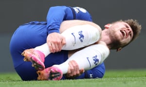 Timo Werner of Chelsea injured after foul by Raheem Sterling of Manchester City which led to yellow card.