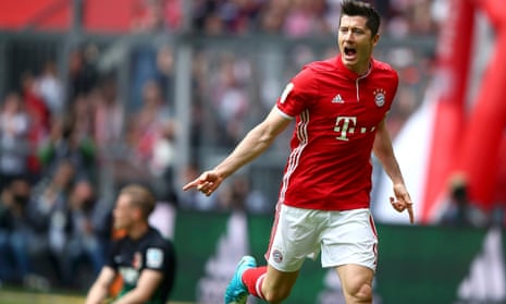 Bayern Munich’s Robert Lewandowski celebrates scoring against Augsburg in the 6-0 victory.