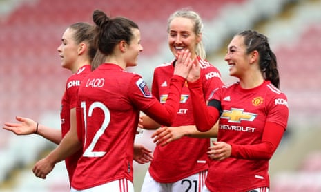 Manchester United celebrate a goal by Katie Zelem (right) against Aston Villa at Leigh Sports Village this month. Their game against West Ham on Saturday is at Old Trafford.