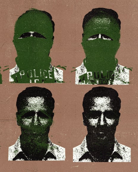 A grid of masked ICE agents’ faces gradually being unmasked