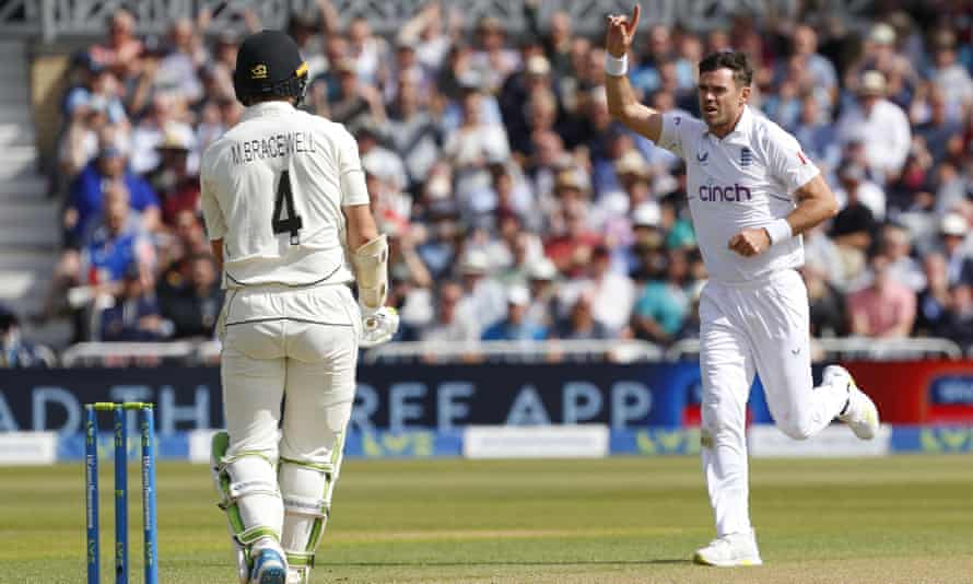 Jimmy Anderson celebrates after dismissing Michael Bracewell to claim his 649th Test wicket.