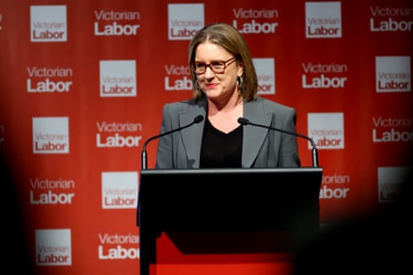 Victorian Premier Jacinta Allan speaks on stage during the 2024 Victorian Labor state conference at Moonee Valley Racecourse in Melbourne, Saturday, May 18, 2024.