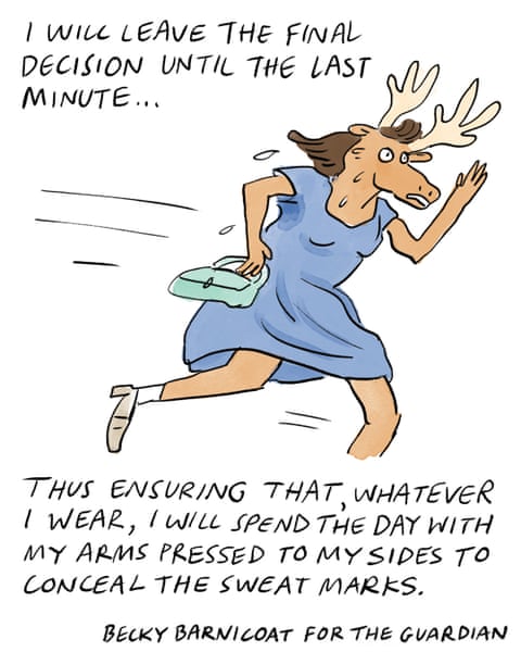 A series of cartoon images of a scruffy woman trying to find something to wear for a wedding, panel 4