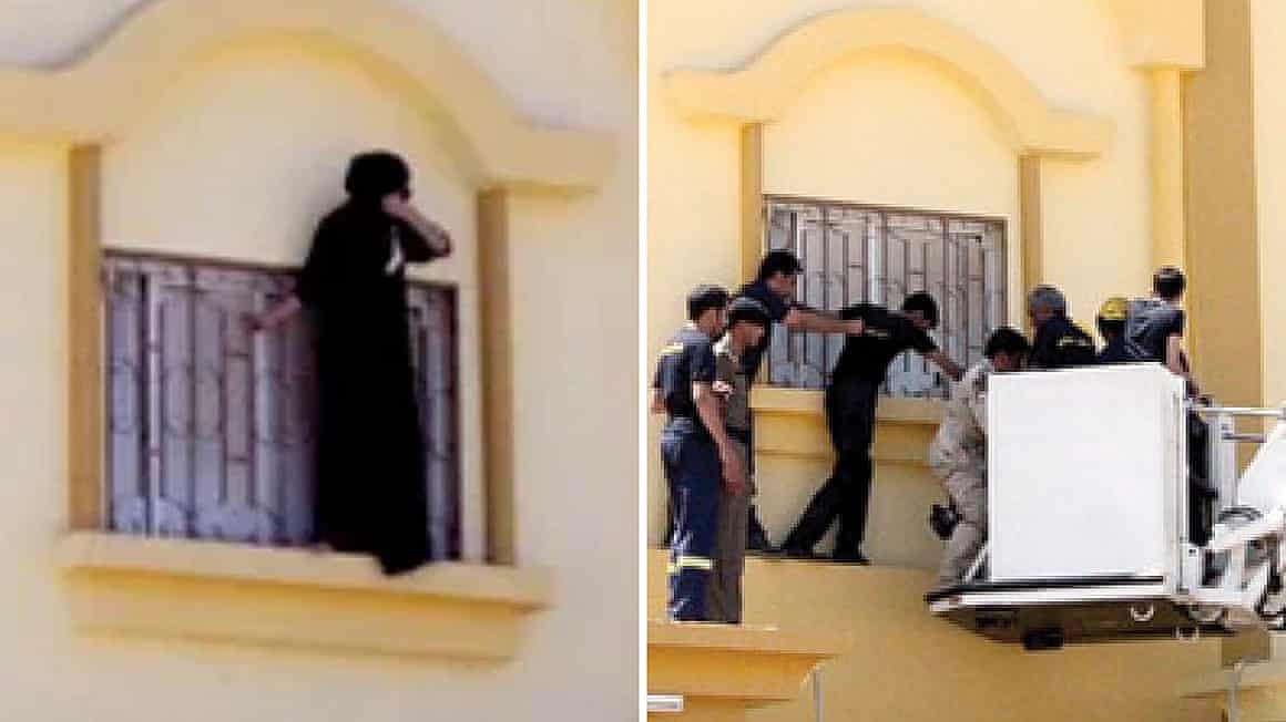 Composite image of a woman standing on window ledge and then being helped down