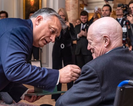 Viktor Orbán awarding Roger Scruton with the Middle Cross of the Hungarian Order of Merit at the Hungarian embassy, London, 3 December 2019.