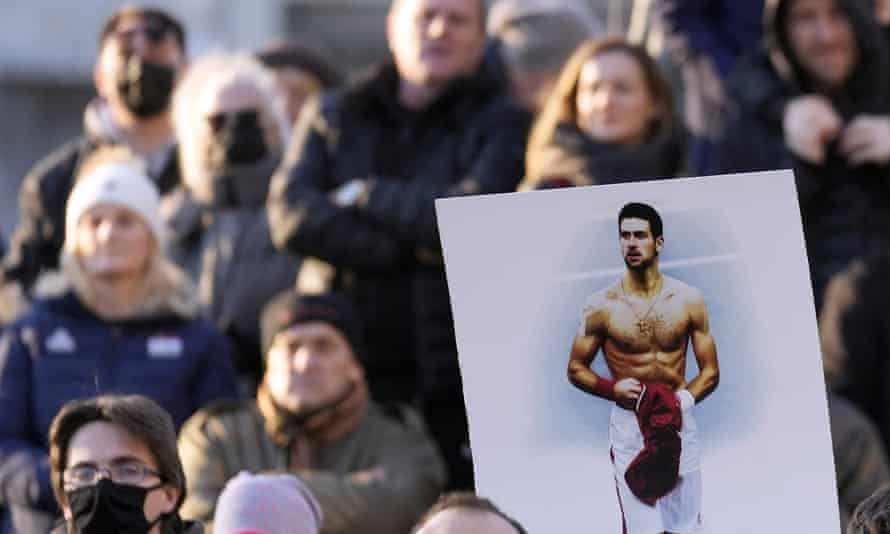 Supporters of Novak Djokovic protest outside the Serbian parliament in Belgrade