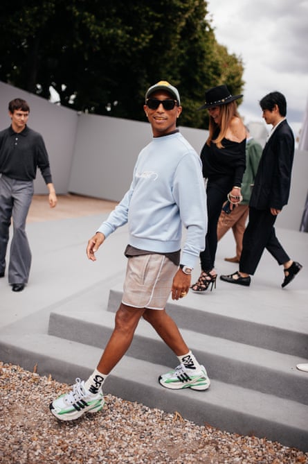 Pharrell Williams steps out in stacked sneakers during Paris men’s fashion week on in June 2025.