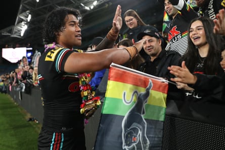 Brian To’o celebrates with fans after the Panthers won the NRL preliminary final match.