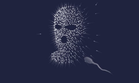 Illustration of man's head made of white sperm against dark background