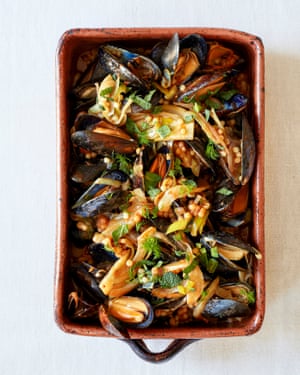 Rosie Sykes’ baked mussels with tomato and fregola.