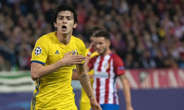 Rostov’s Sardar Azmoun celebrates after scoring during theChampions League Group D game against Atlético Madrid.