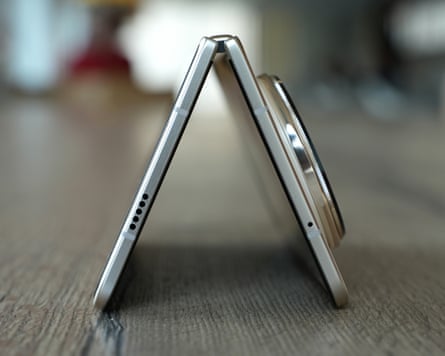 The Honor Magic V5 stood up on a table like a tent.