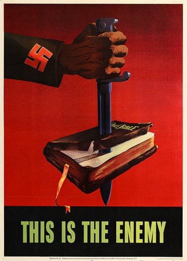 A poster with a hand stabbing a knife through a book