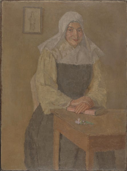 A painting of a nun who is smiling while sitting at a table with her hands folded over a closed book.