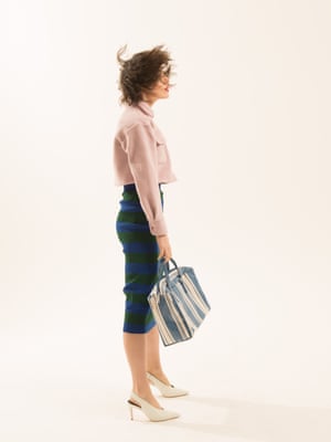 pale pink cropped shirt urbanoutfitters.com green and blue striped skirt by Joseph net-a-porter.com white high heeled slingback shoes dunelondon.com blue and white striped bag mango.com