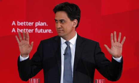 Britain’s Labour Party leader Ed Miliband gestures during a speech on immigration at a campaign event in Pensby northern England.