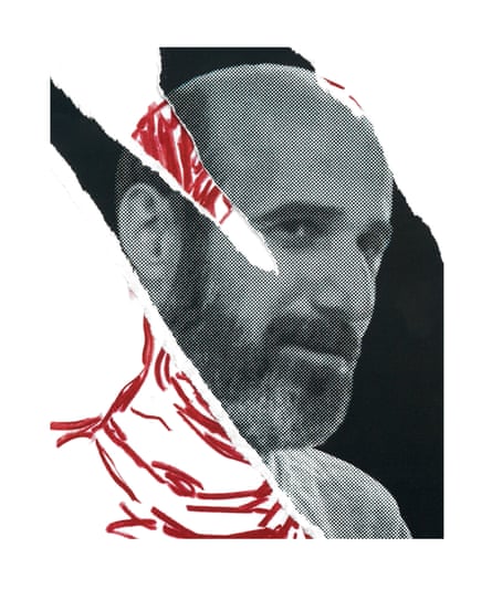 Photo of a bearded middle-aged Arab man that is partly a sketch