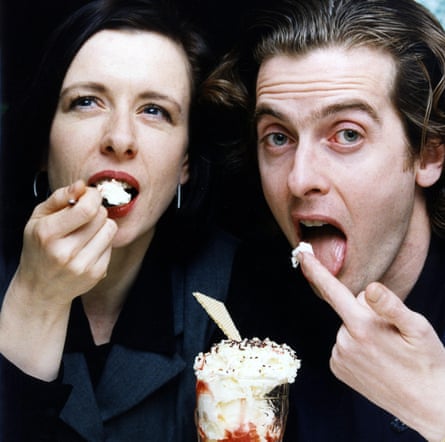 Peter Capaldi and his wife, Elaine, circa 1992, pictured closeup, sharing an ice-cream