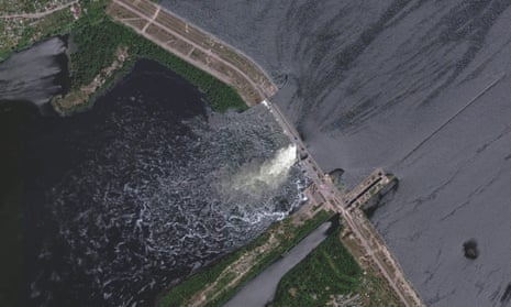 A satellite image shows Nova Khakovka Dam in Kherson region, Ukraine 28 May 2023.